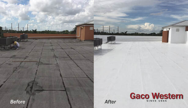 Aging modified bitumen commercial flat roof restored with a reflective silicone coating system