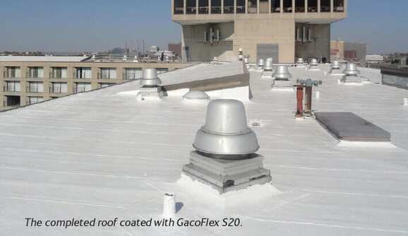 Commercial flat roof completed with a GacoFlex S20 silicone coating system around rooftop equipment