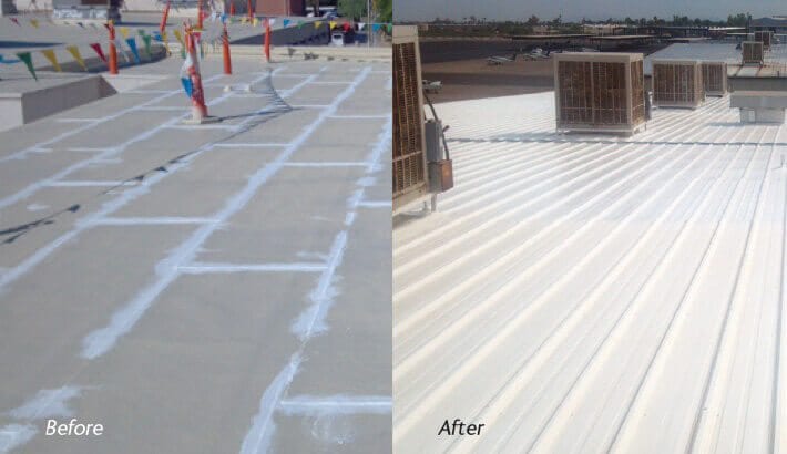 Metal and built-up airport hangar roof restored with a GacoFlex S20 silicone coating system