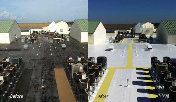 Aging built-up commercial roof restored with a reflective white silicone coating system
