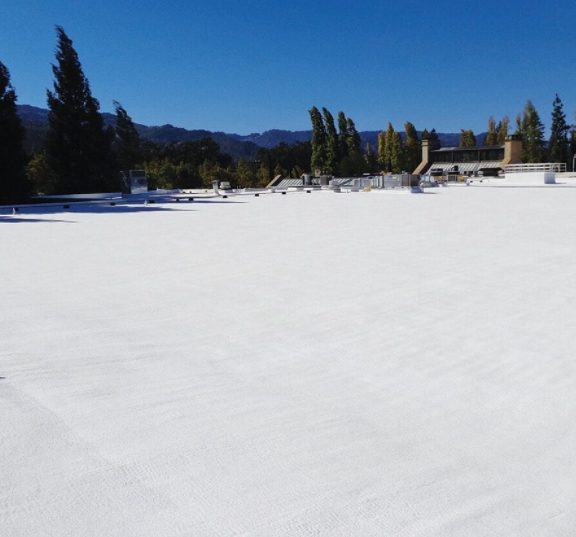 Commercial low-slope roof finished with a seamless white GacoFlex silicone coating membrane